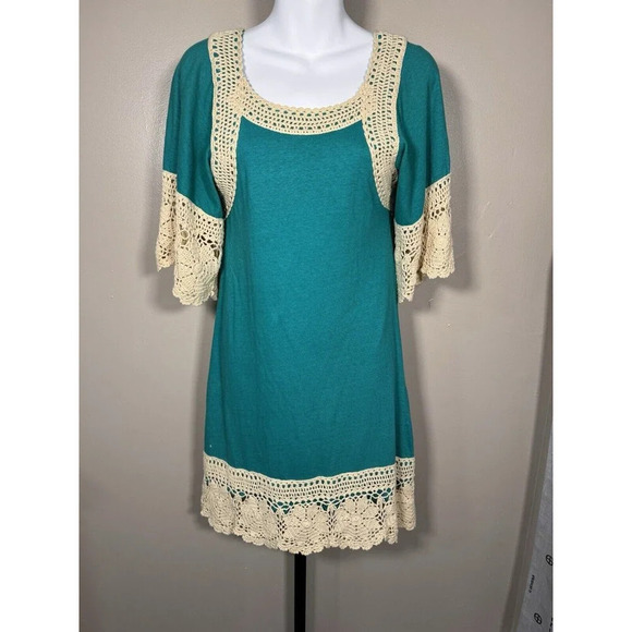 Judith March Small  Teal  Bell Sleeve Tunic Crochet Boho Style Midi Dress - Picture 1 of 10